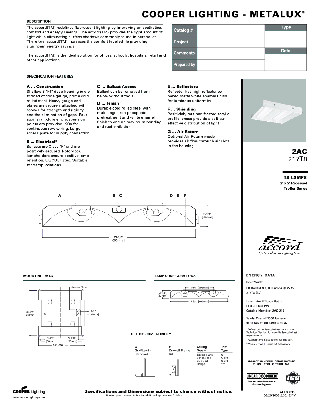 Cooper Lighting 217T8 specifications Construction, Electrical, Ballast Access, Finish, Reflectors, Shielding, Air Return 