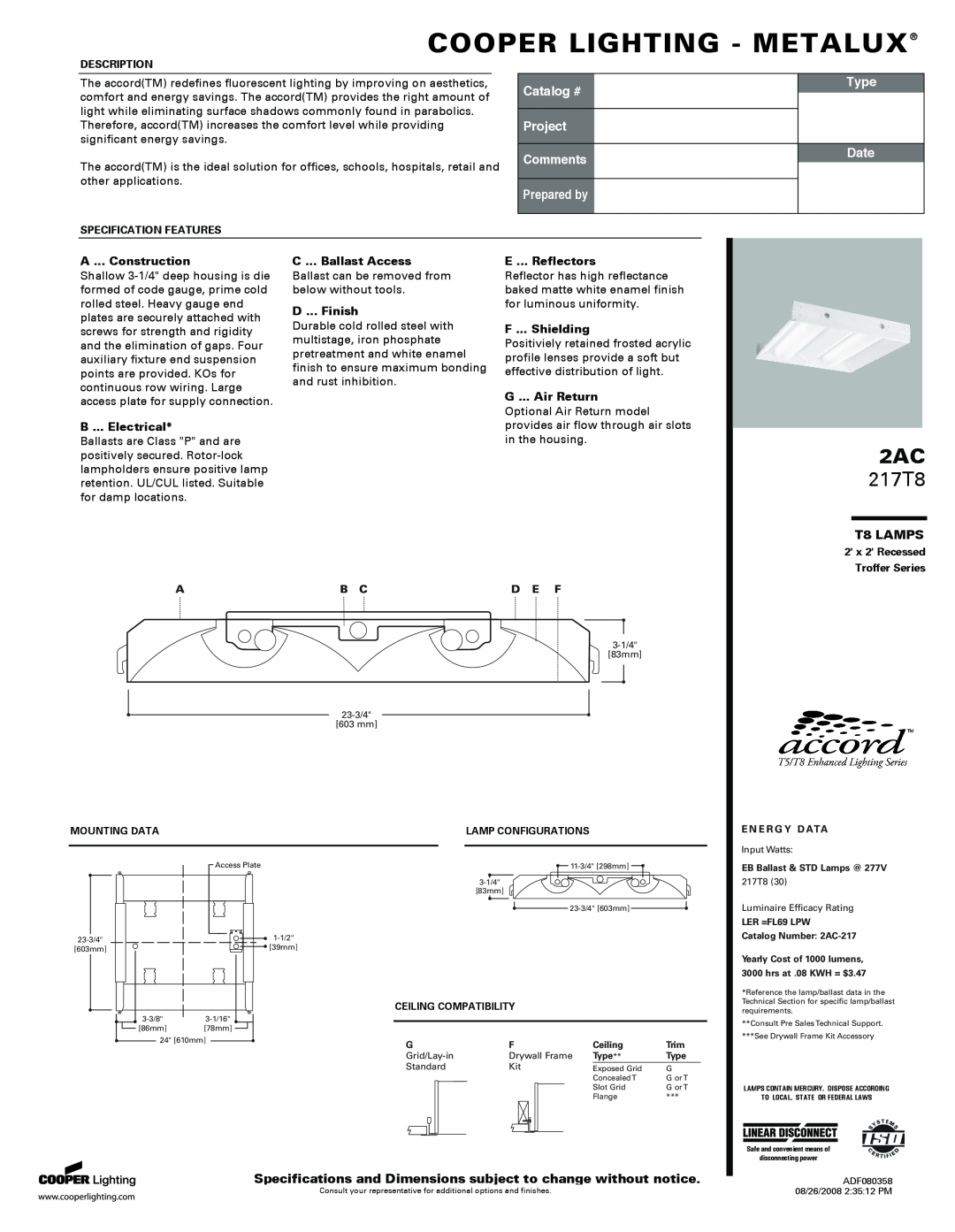 Cooper Lighting 217T8 specifications T8 LAMPS, Cooper Lighting - Metalux, Catalog #, Project Comments, Prepared by, Type 