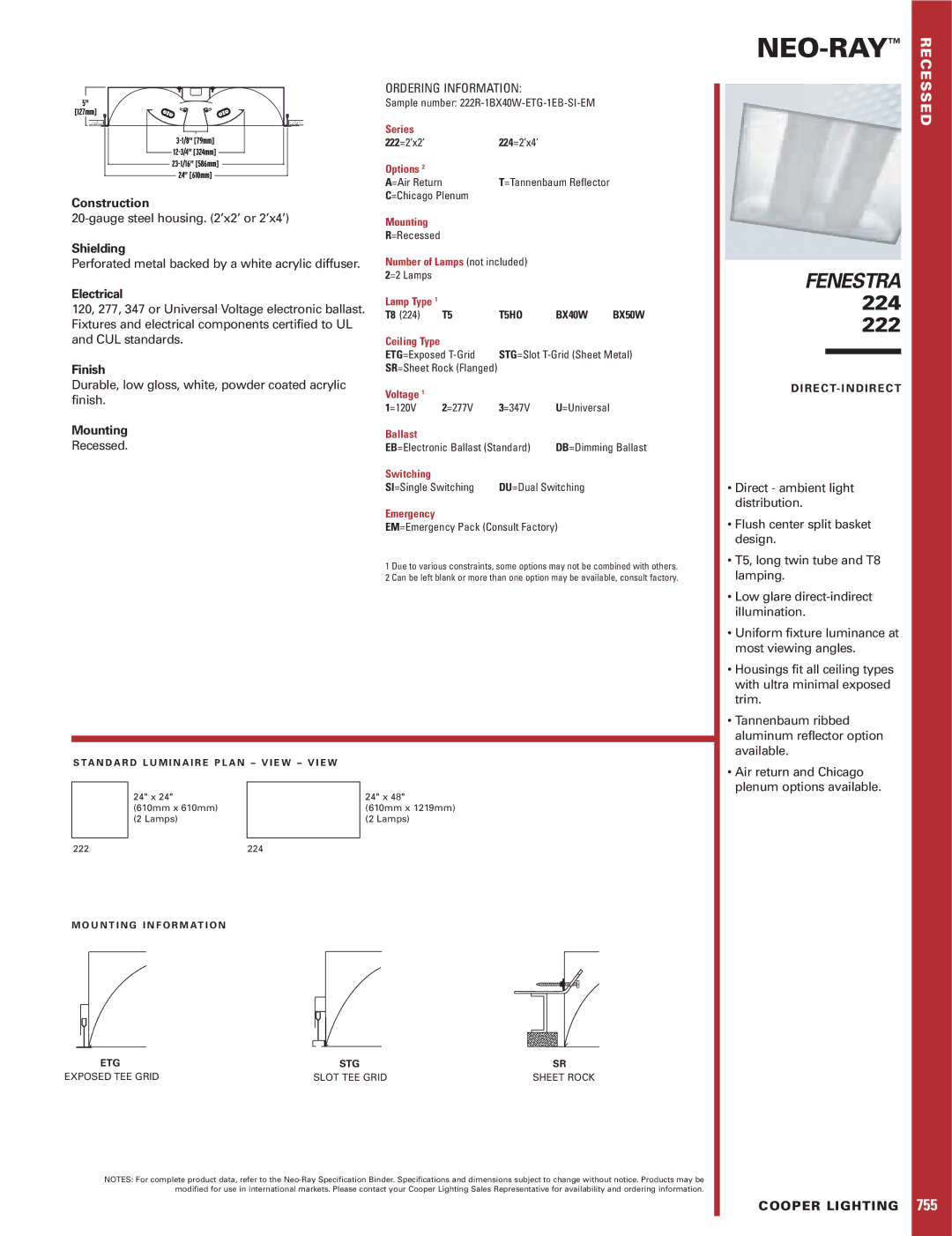 Cooper Lighting 222 specifications Neo-Ray, Fenestra 224 