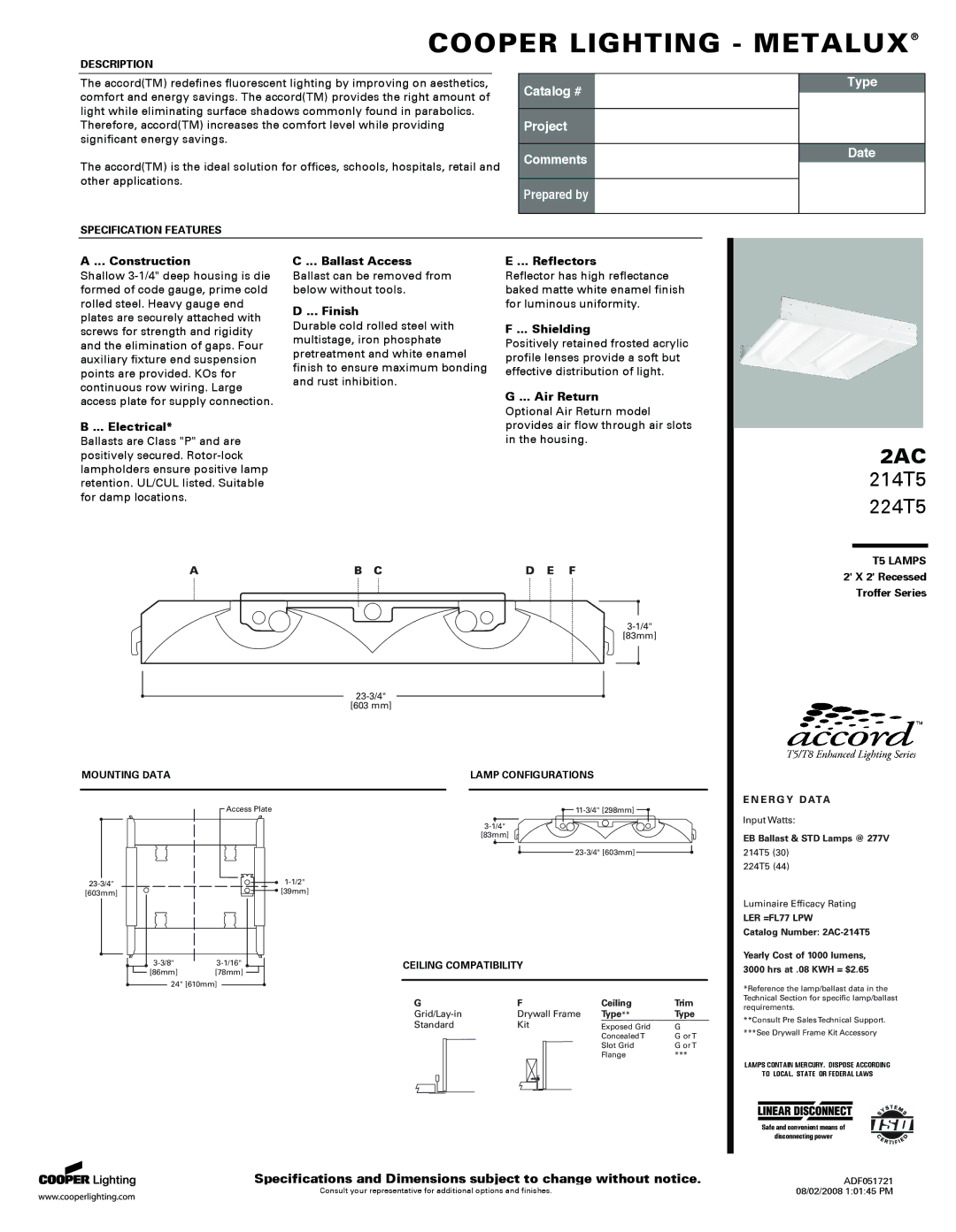 Cooper Lighting 214T5 specifications Construction, Electrical, Ballast Access, Finish, Reflectors, Shielding, Air Return 