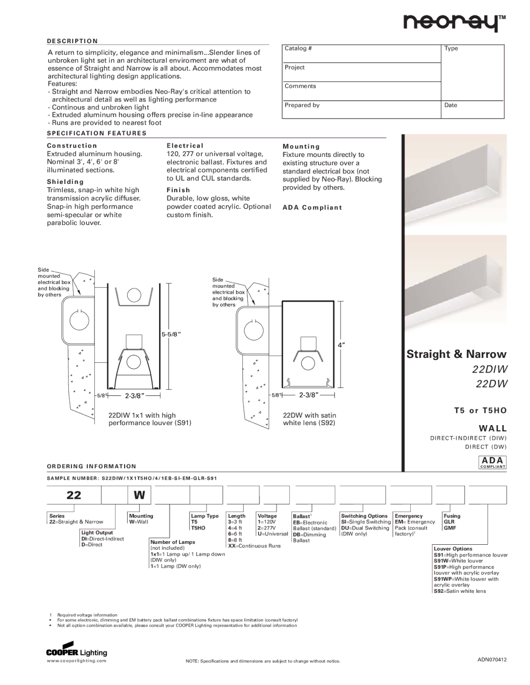 Cooper Lighting 22DW, 22DIW specifications S C R I P T I O N, E C I F I C At I O N F E At U R E S 