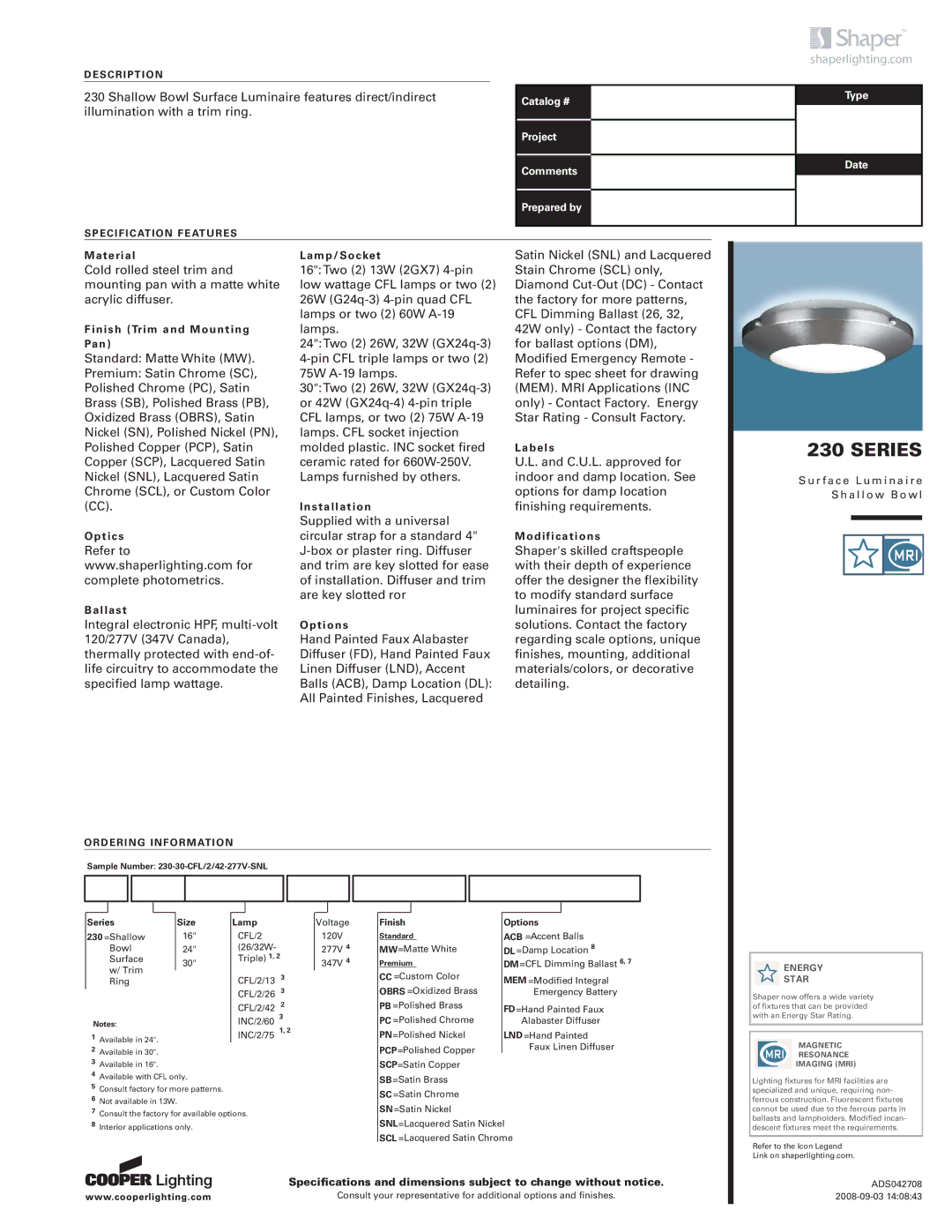 Cooper Lighting 230 specifications Series Size Lamp, Finish Options 
