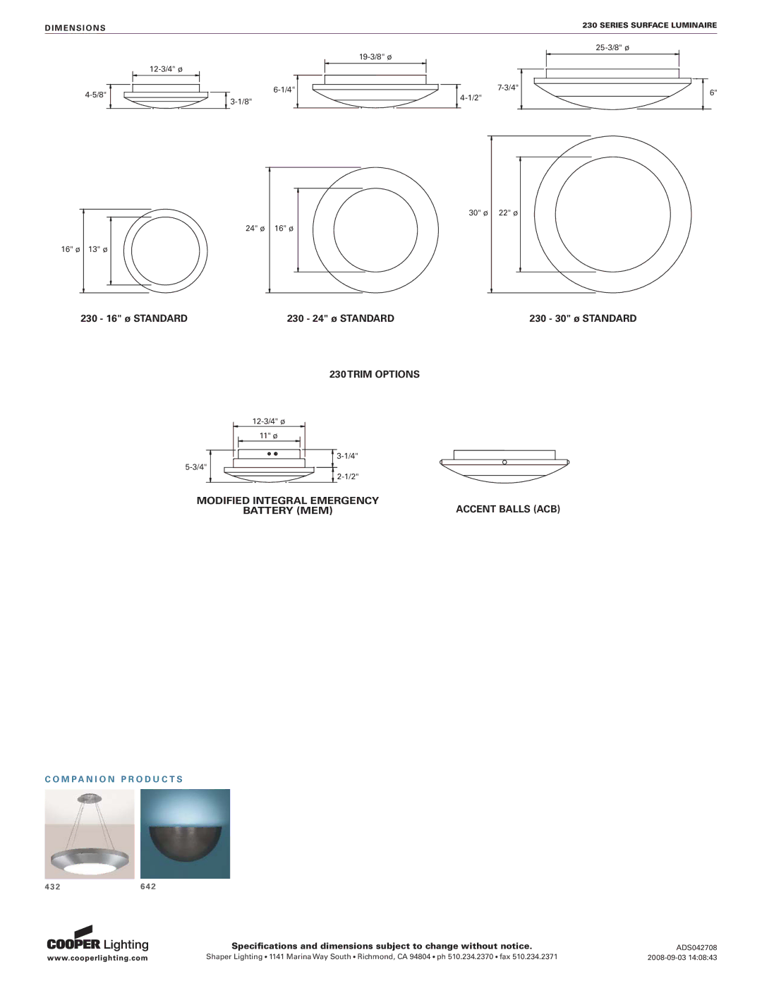 Cooper Lighting 230 specifications Trim Options 
