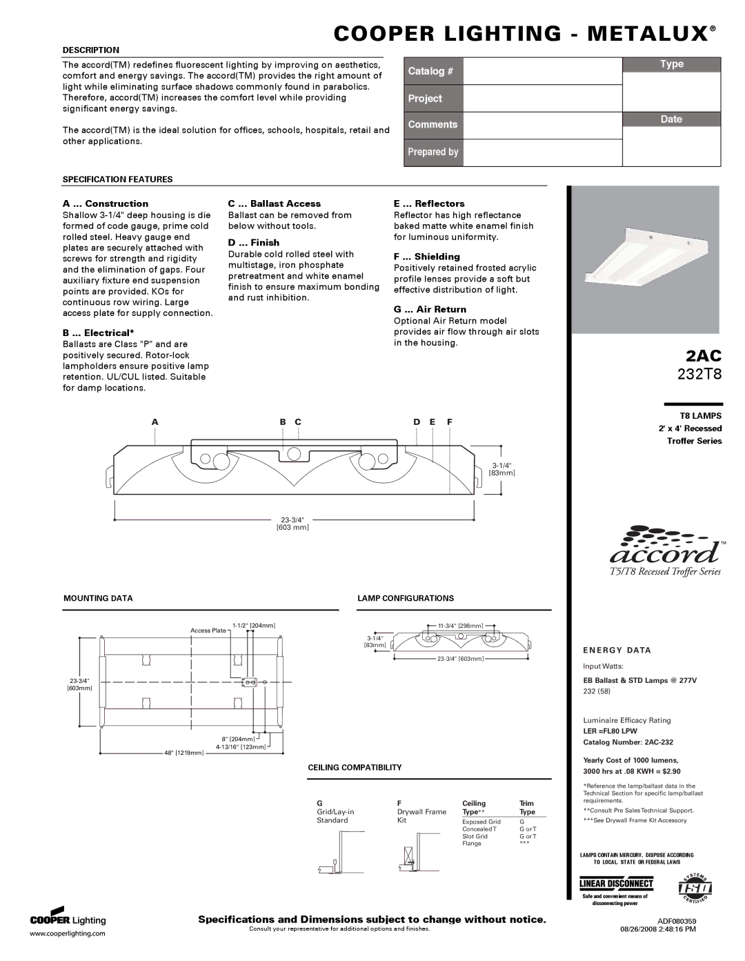 Cooper Lighting 232T8 specifications Construction, Electrical, Ballast Access, Finish, Reflectors, Shielding, Air Return 