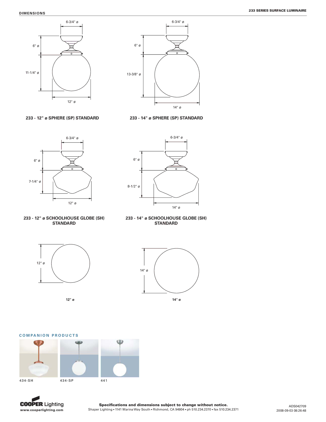 Cooper Lighting 233 SERIES specifications Standard, 12 ø 