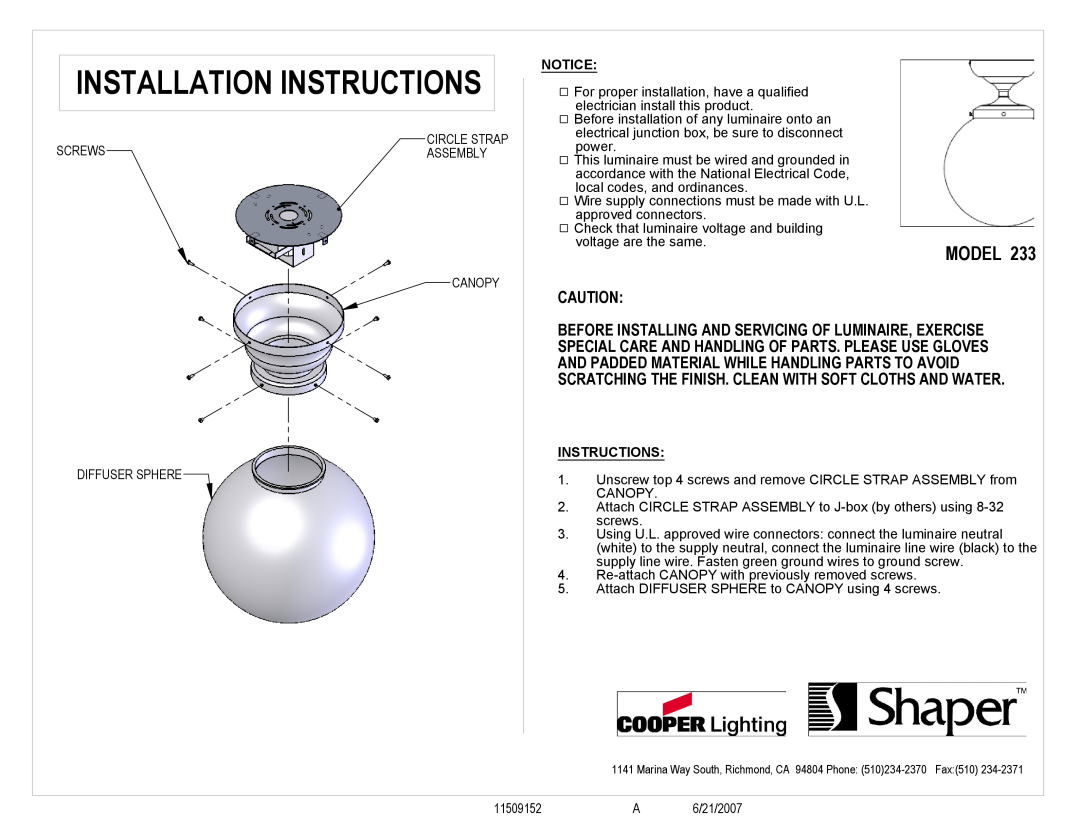 Cooper Lighting 233 installation instructions Installation Instructions, Model 