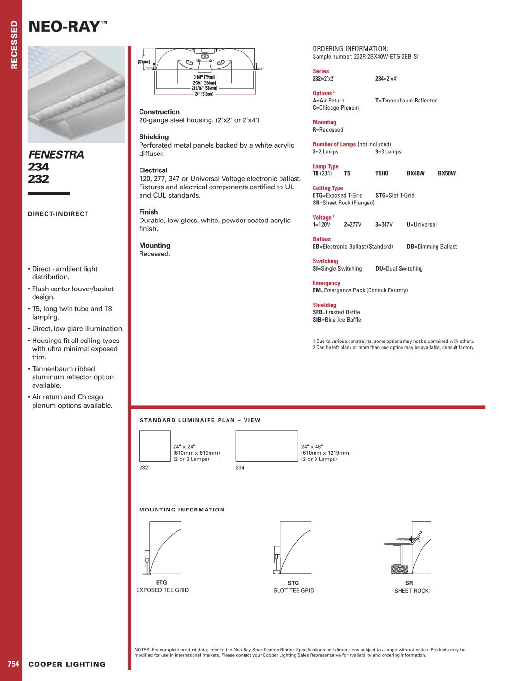 Cooper Lighting 234 specifications Construction, Shielding, Electrical, Finish, Mounting 