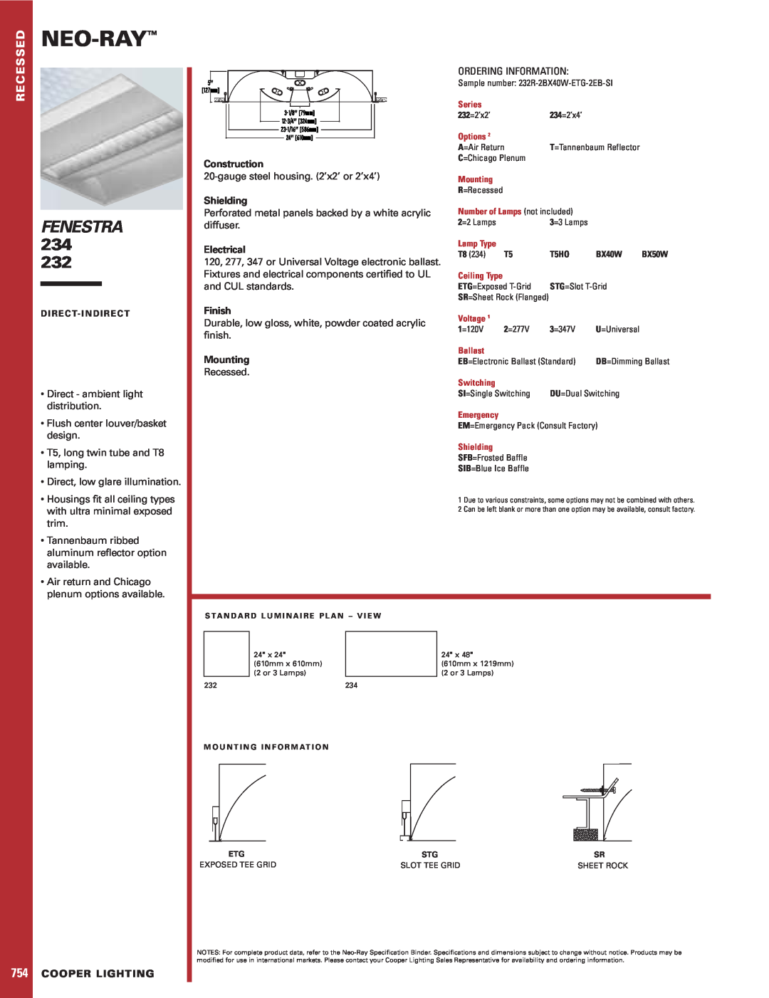Cooper Lighting 234 specifications Neo-Ray, Fenestra, Construction, Shielding, Electrical, Finish, Mounting 