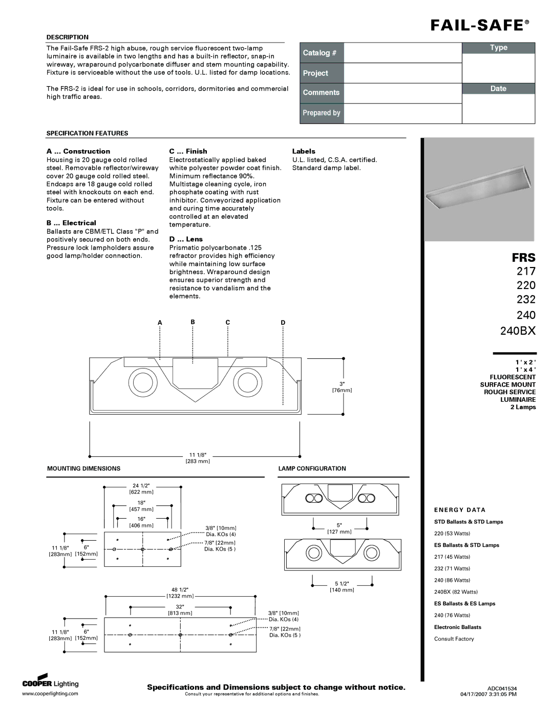 Cooper Lighting 240BX, 232, 220, 217 specifications Construction, Electrical, Finish Labels, Lens 