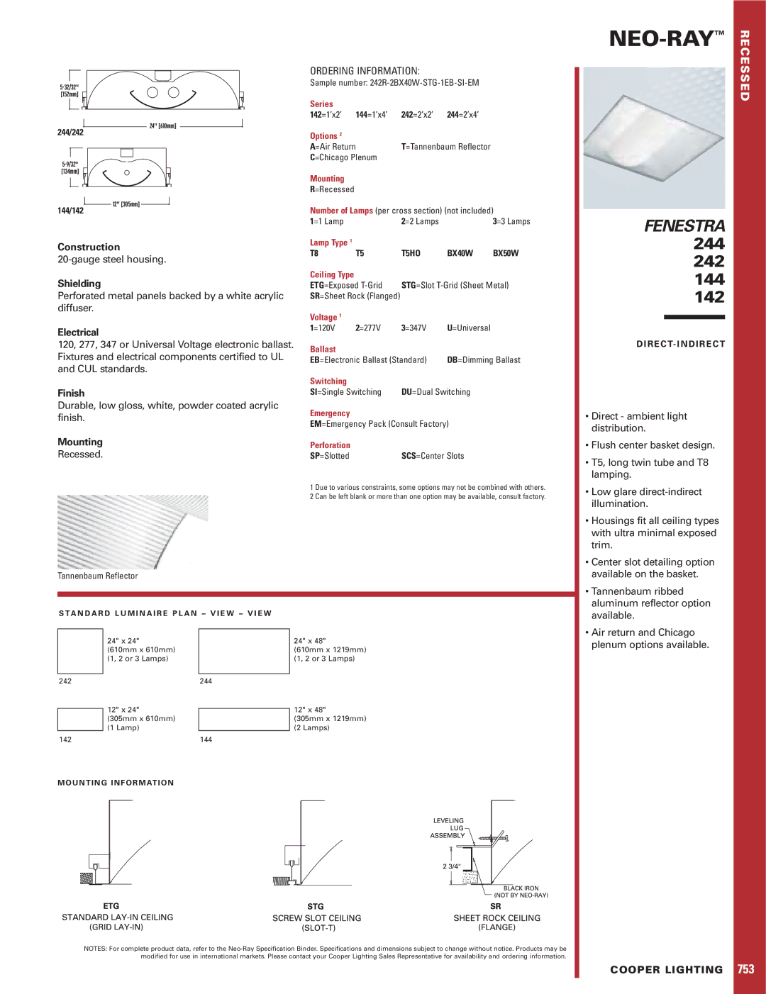Cooper Lighting 142 specifications Neo-Ray, Fenestra 244 242 144 