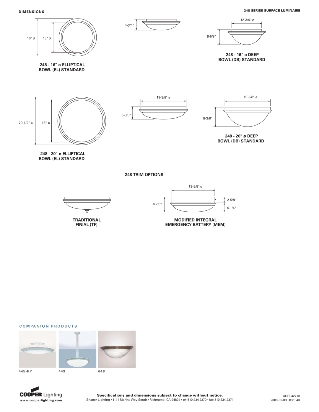 Cooper Lighting 248 Series specifications Bowl DB Standard 