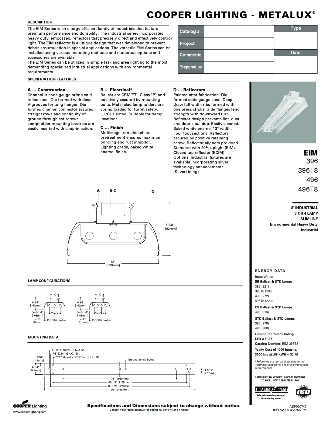 Cooper Lighting 496T8, 248PG, 396T8 specifications Construction, Electrical, Finish, Reflectors 