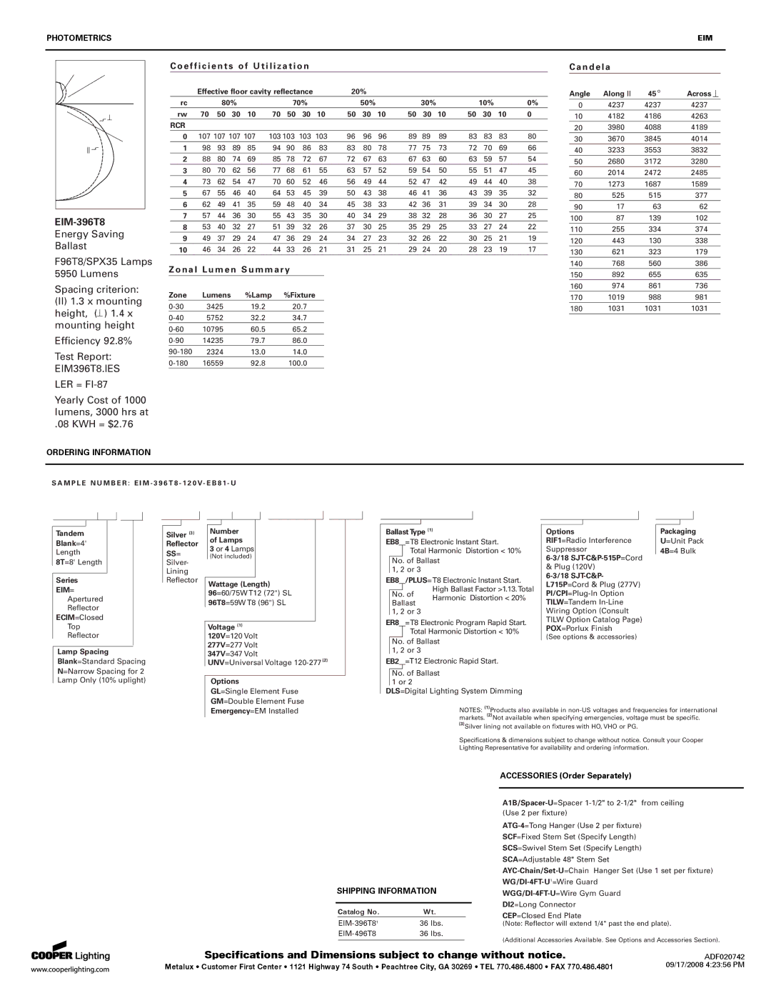 Cooper Lighting 248PG, 496T8, 396T8 specifications Photometrics, Ordering Information, Shipping Information 
