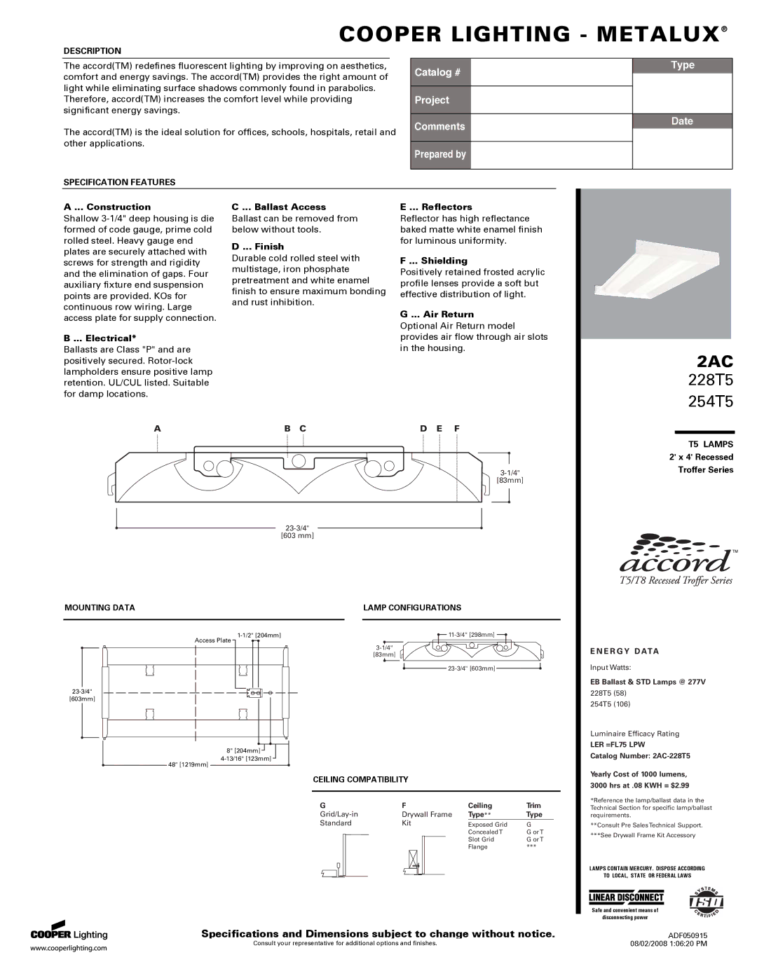 Cooper Lighting 228T5 specifications Construction, Electrical, Ballast Access, Finish, Reflectors, Shielding, Air Return 