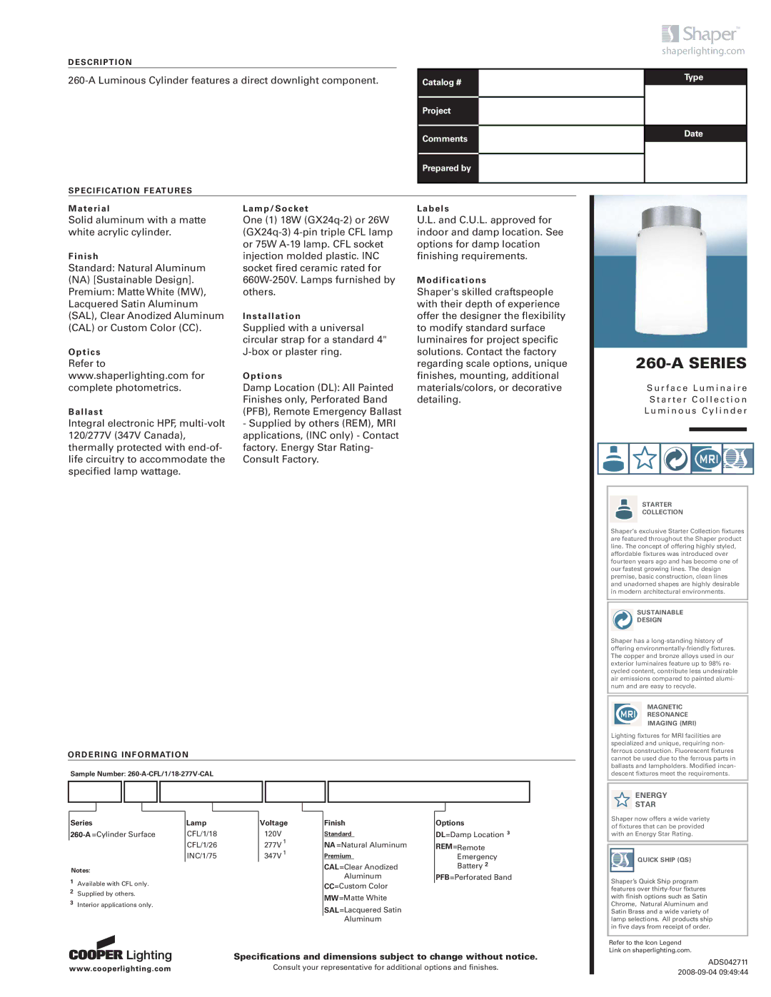 Cooper Lighting 260-A SERIES specifications Series, Lamp, Voltage, Finish, Options 