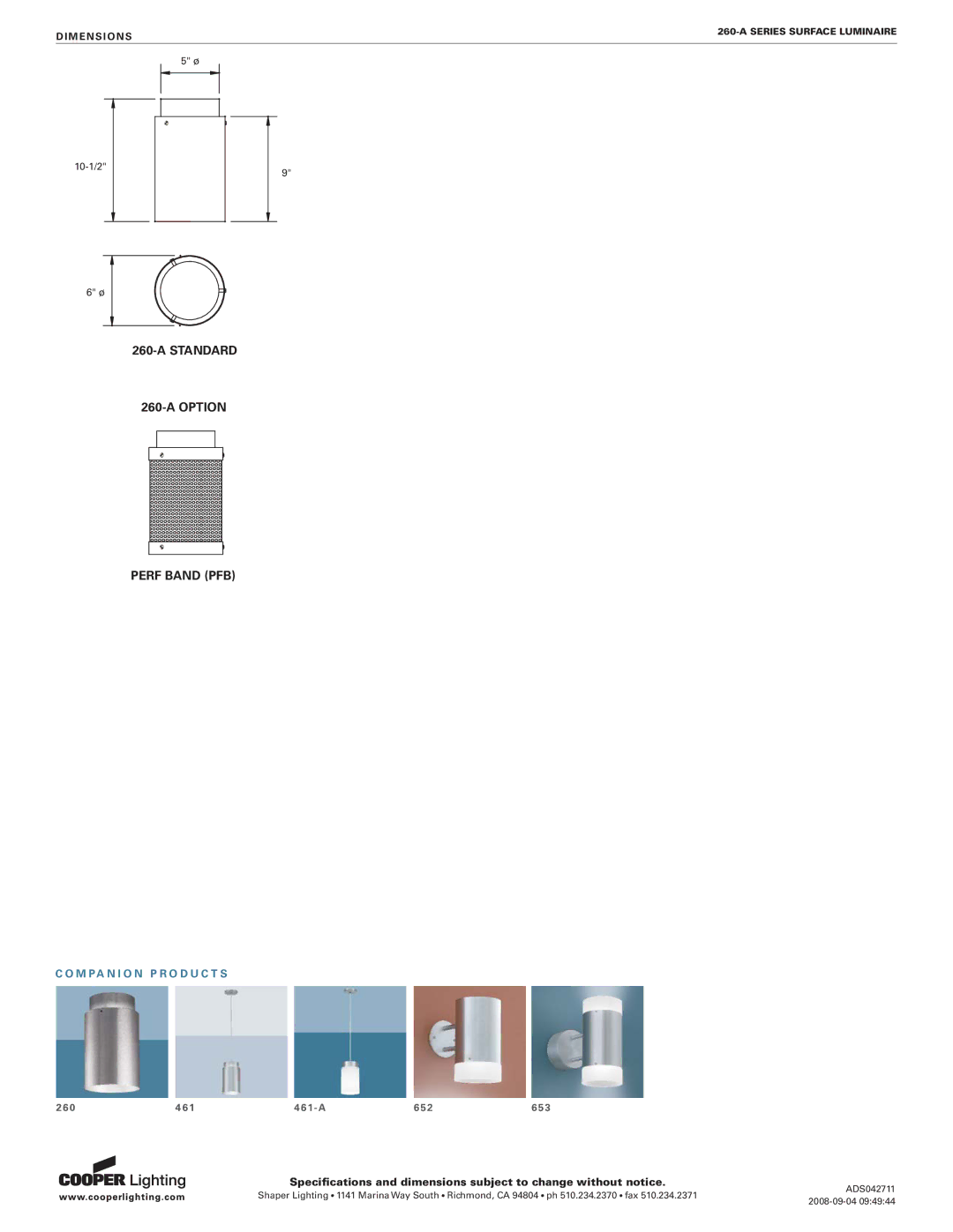 Cooper Lighting 260-A SERIES specifications Standard Option Perf Band PFB 