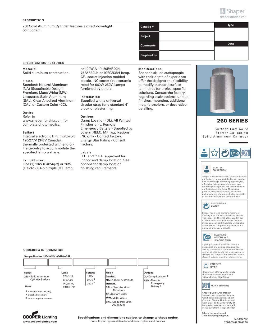 Cooper Lighting 260 specifications Series, Lamp, Voltage, Finish, Options 