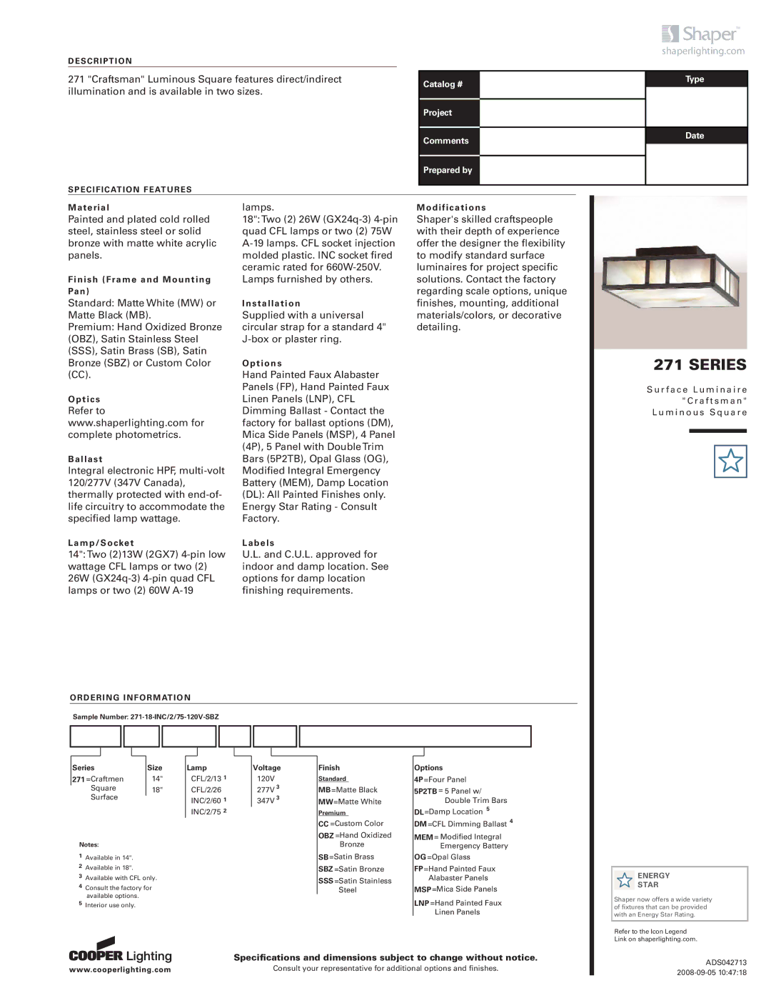 Cooper Lighting 271 Series specifications Series Size, Lamp, Voltage, Finish, Options 