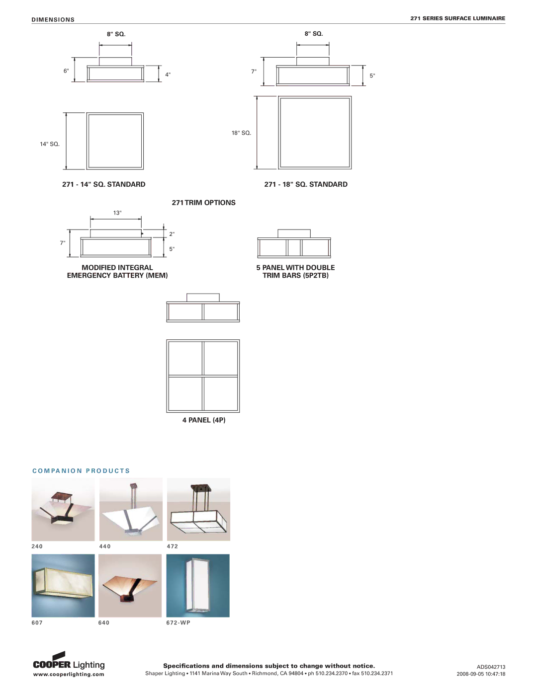 Cooper Lighting 271 Series specifications Trim Options Modified Integral Panel with Double 