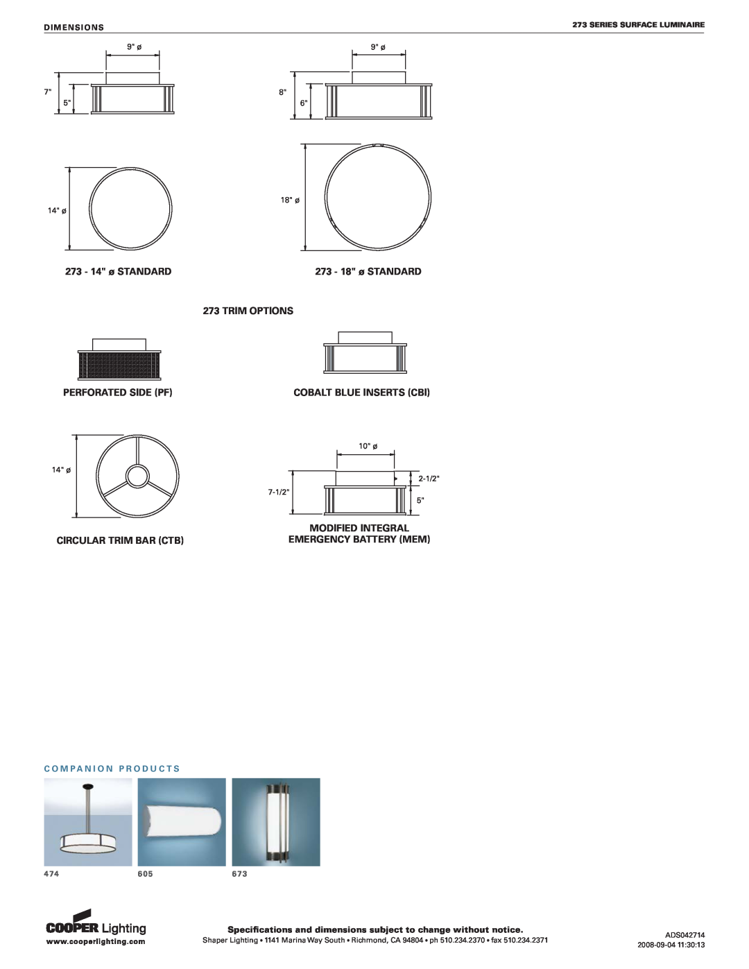 Cooper Lighting 273 - 14 ø STANDARD, Trim Options, Perforated Side Pf, Modified Integral, Circular Trim Bar Ctb, 7-1/2 