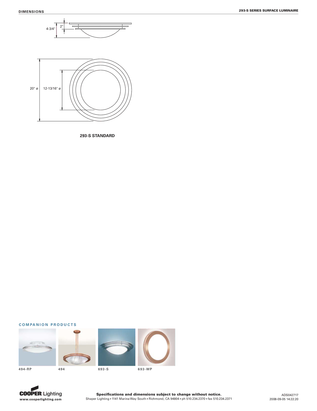Cooper Lighting 293-S specifications Standard 