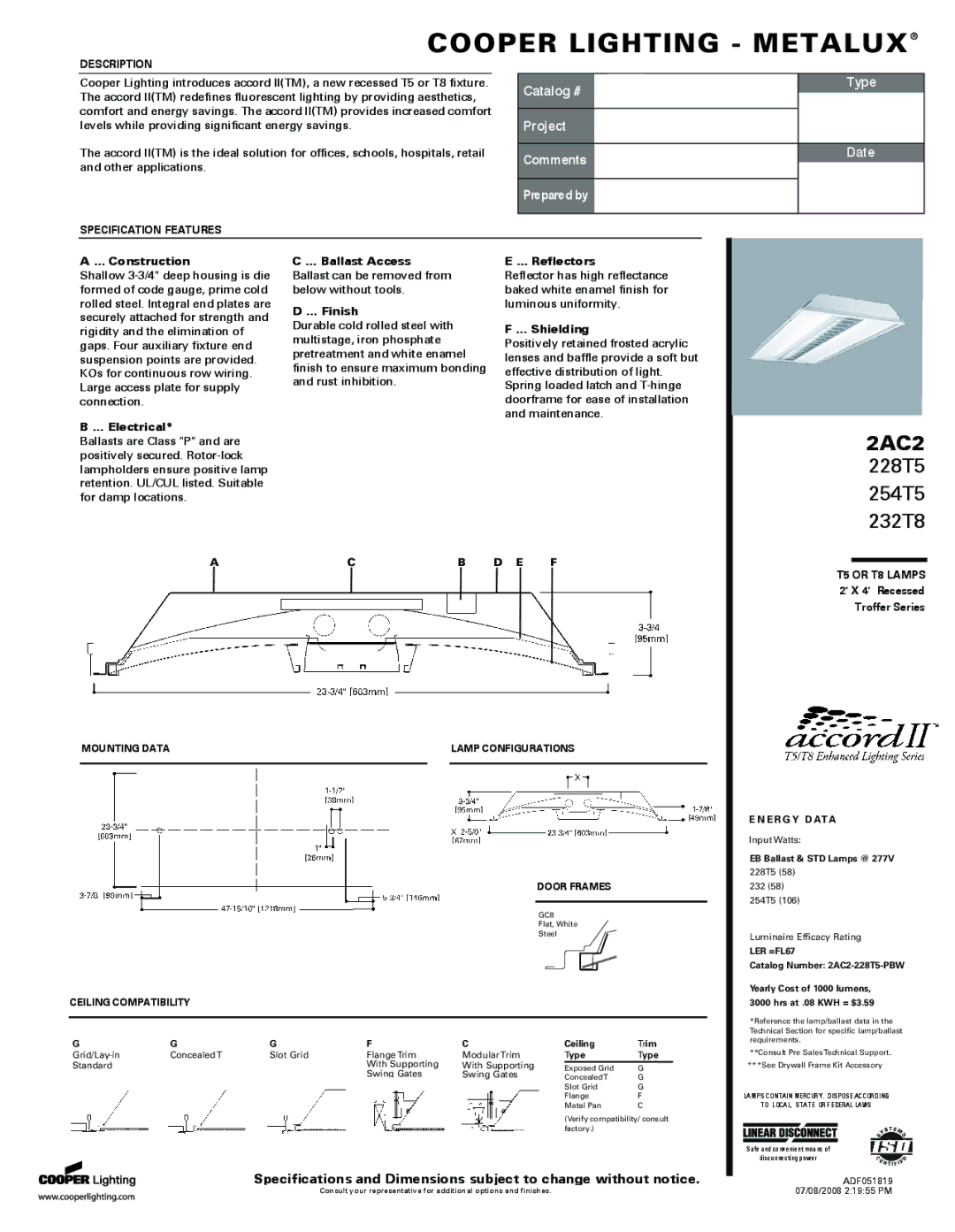 Cooper Lighting 2AC2 specifications Construction, Electrical, Ballast Access, Finish, Reflectors, Shielding 