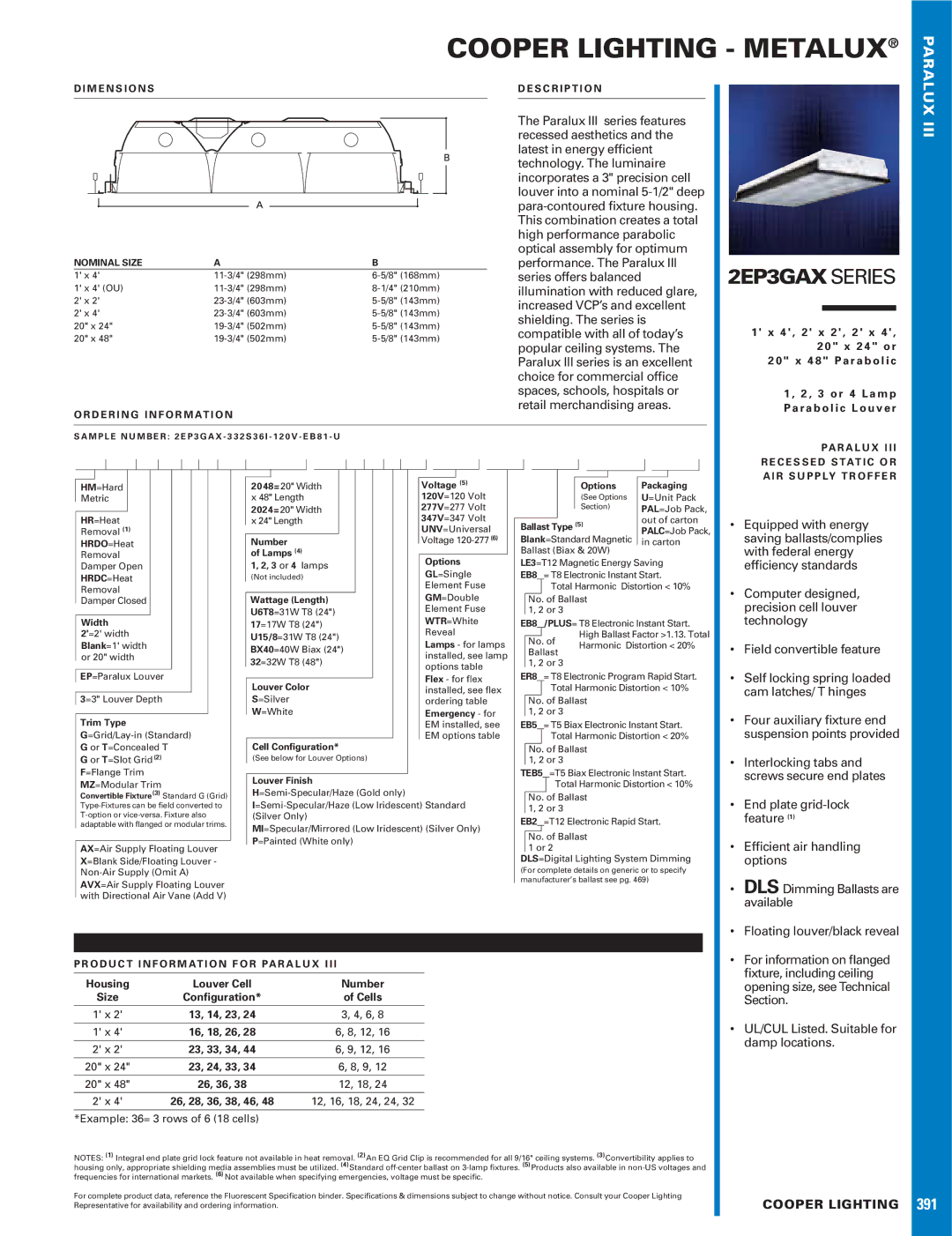 Cooper Lighting 2EP3GAX Series dimensions Paralux, Iii 