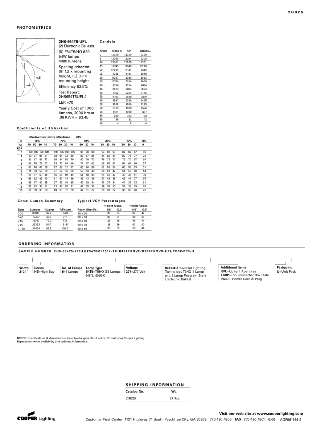 Cooper Lighting 2HB25 manual O T O M E T R I C S, 2HB-654T5-UPL, 2HB-632-G-UPL, D E R I N G I N F O R M At I O N 
