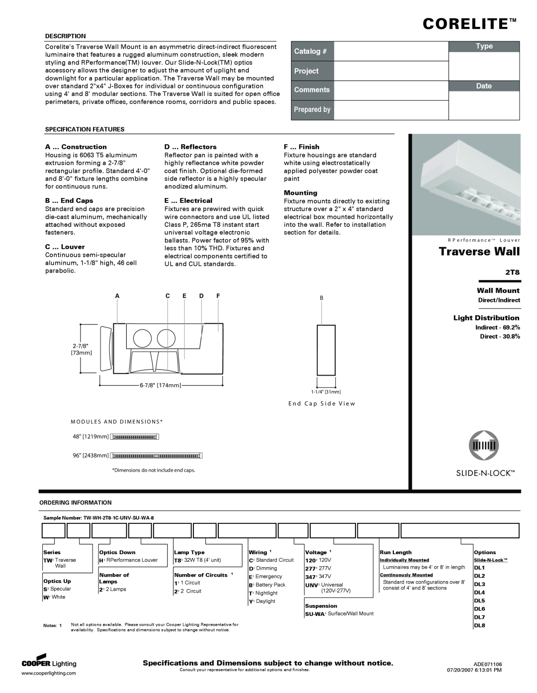 Cooper Lighting specifications 2T8 Wall Mount, Light Distribution, Corelite, Traverse Wall, Catalog #, Project Comments 