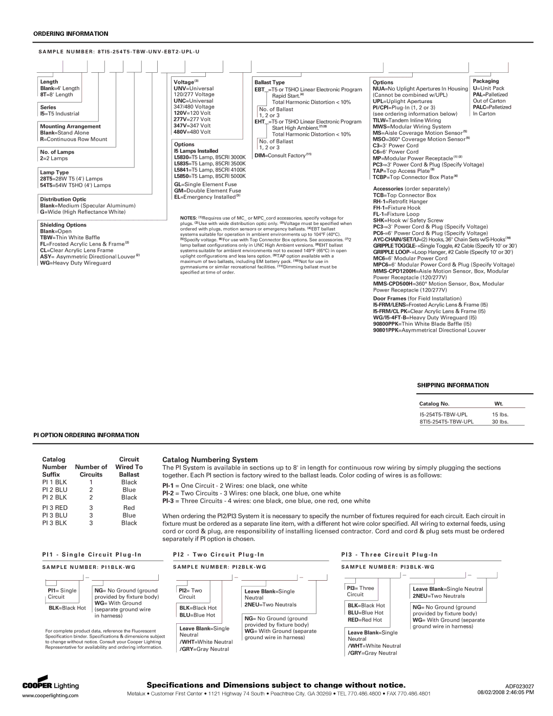 Cooper Lighting 30 specifications PI Option Ordering Information, Shipping Information 