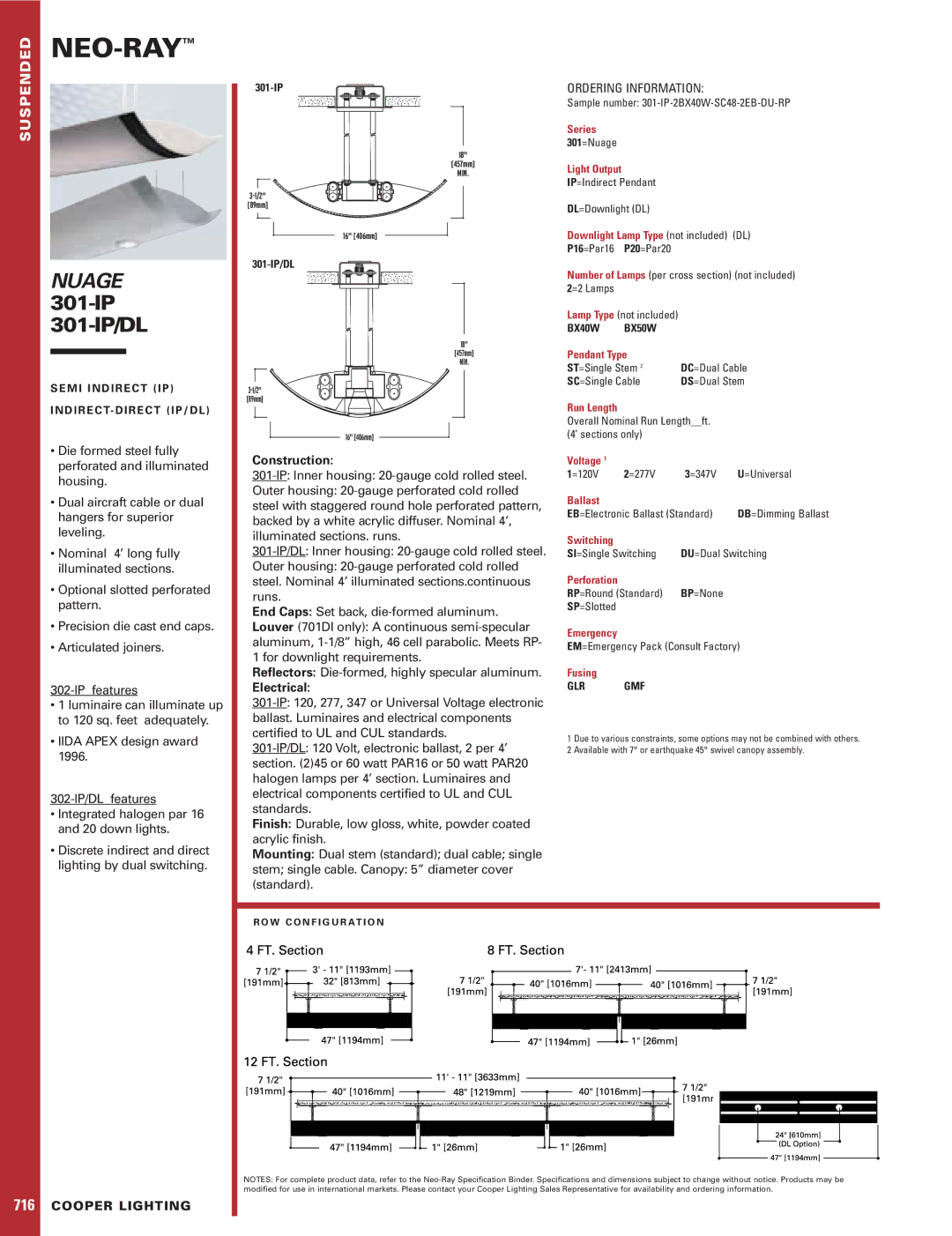Cooper Lighting specifications Neo-Ray, Nuage, 301-IP 301-IP/DL, Construction, Electrical 