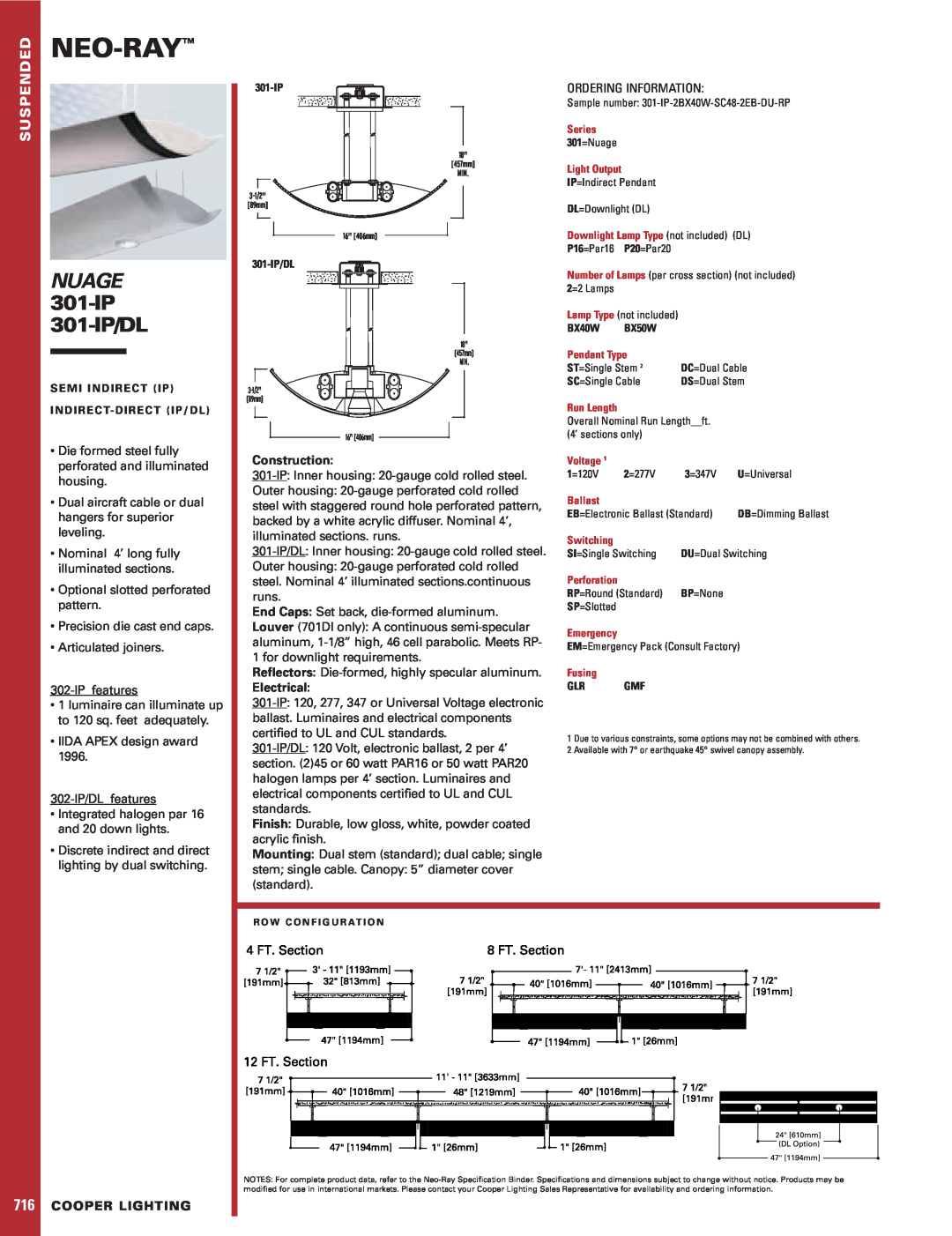 Cooper Lighting specifications Neo-Ray, Nuage, 301-IP 301-IP/DL, Construction, Electrical, Cooper Lighting 