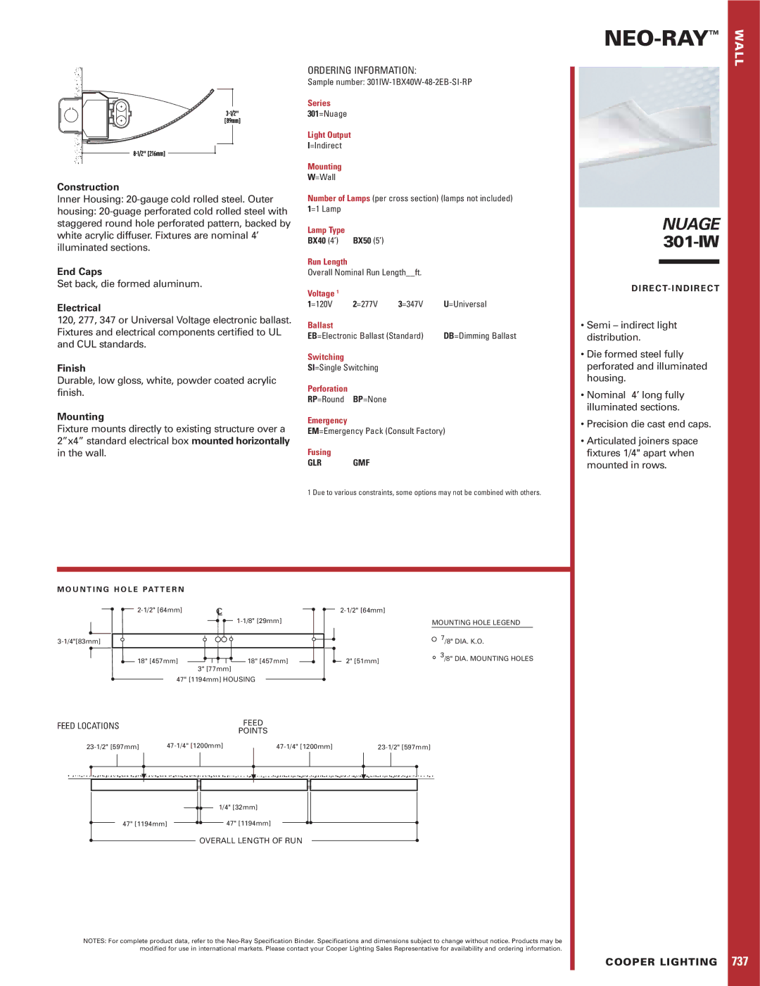 Cooper Lighting specifications Neo-Ray, Nuage 301-IW 