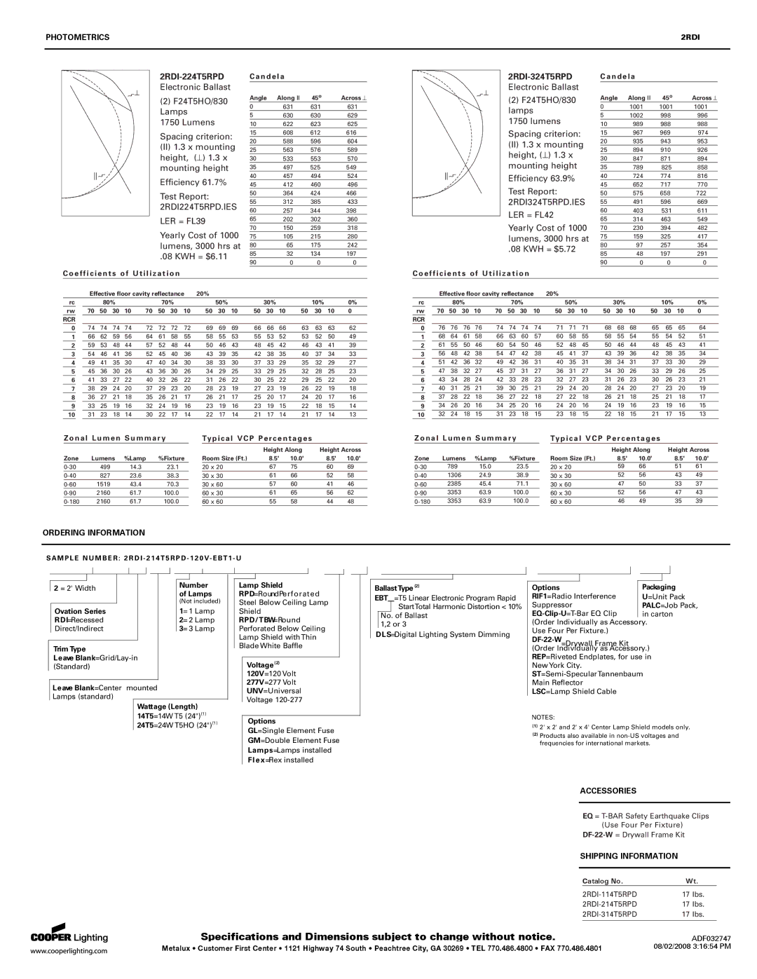 Cooper Lighting Photometrics, 2RDI-224T5RPD, 2RDI-324T5RPD, Ordering Information, Accessories, Shipping Information 