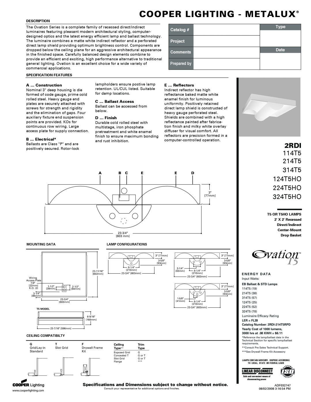 Cooper Lighting specifications Cooper Lighting - Metalux, 2RDI, 114T5 214T5, 314T5 124T5HO 224T5HO 324T5HO, Catalog # 