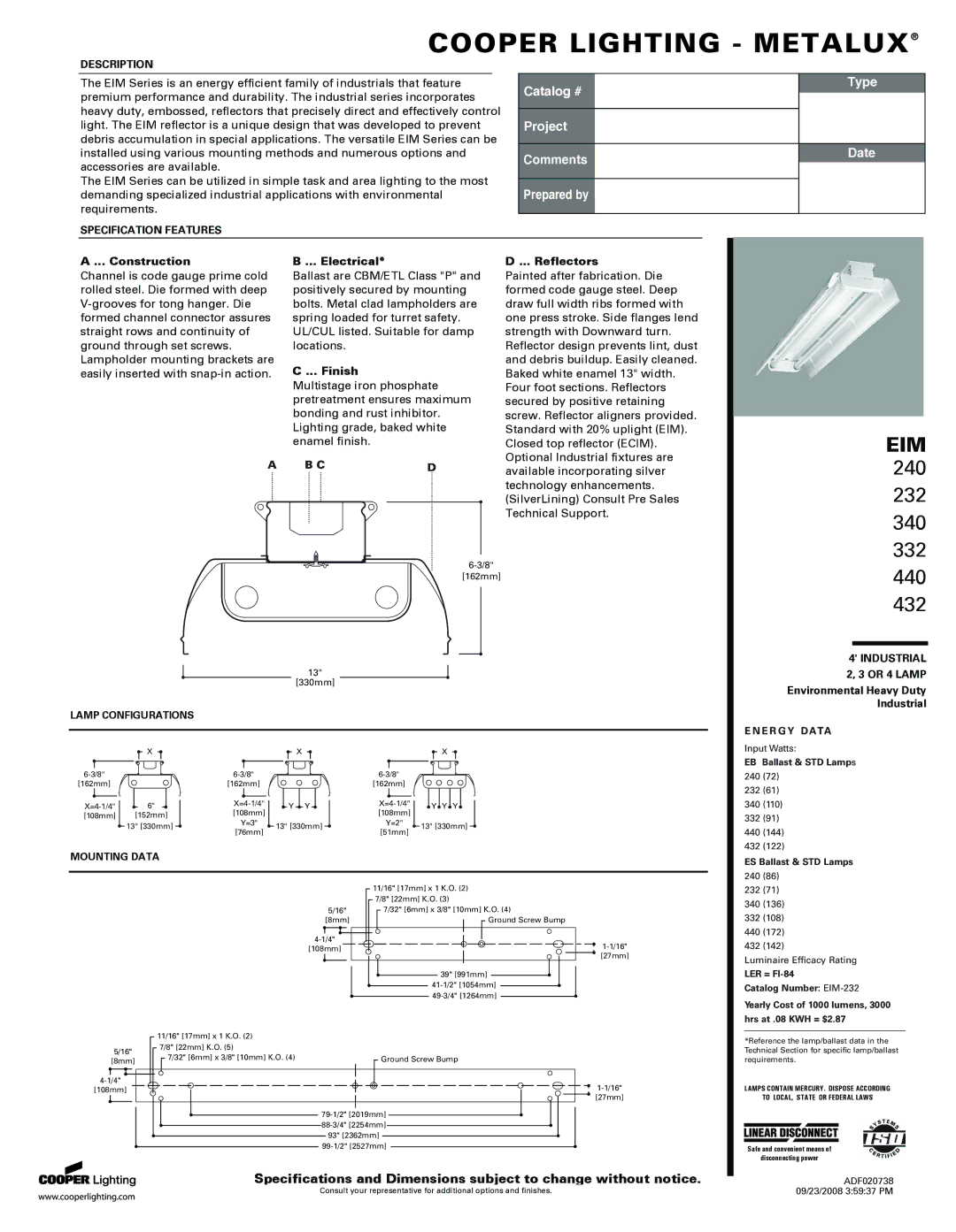 Cooper Lighting 332 specifications Construction, Electrical, Finish, Reflectors 