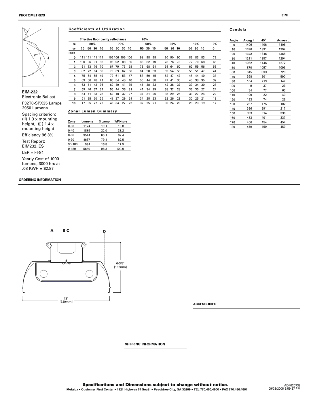 Cooper Lighting 332 specifications Photometrics, Ordering Information, Shipping Information, Accessories 