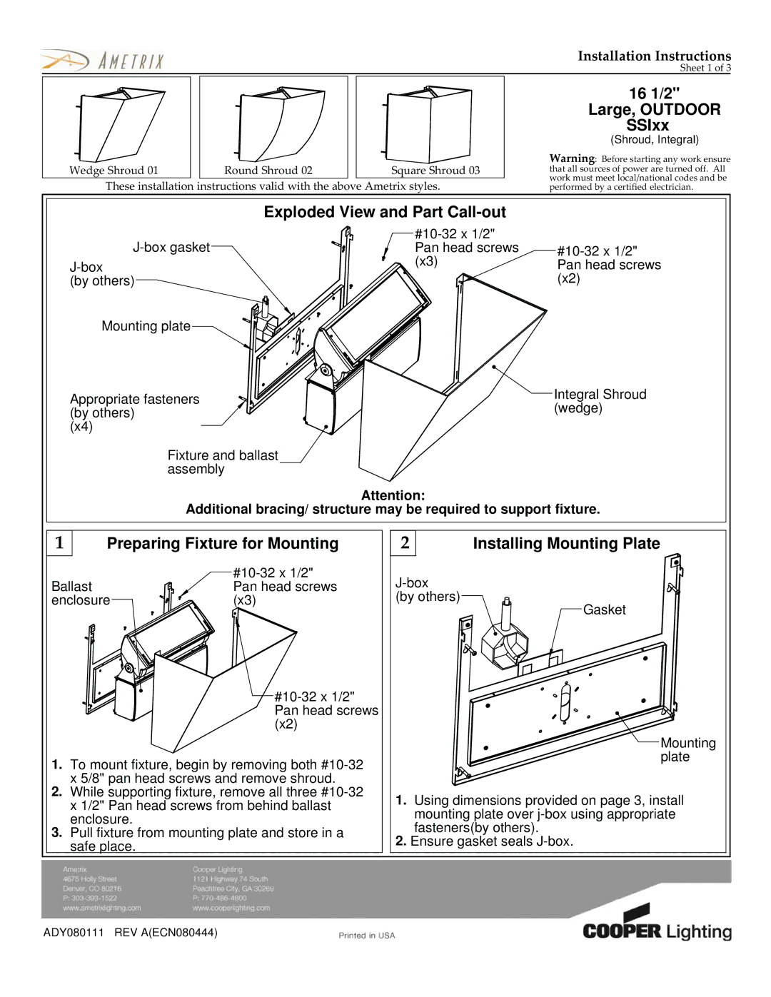 Cooper Lighting 340 dimensions 16 1/2 Large, Outdoor SSIxx, Exploded View and Part Call-out, Installing Mounting Plate 