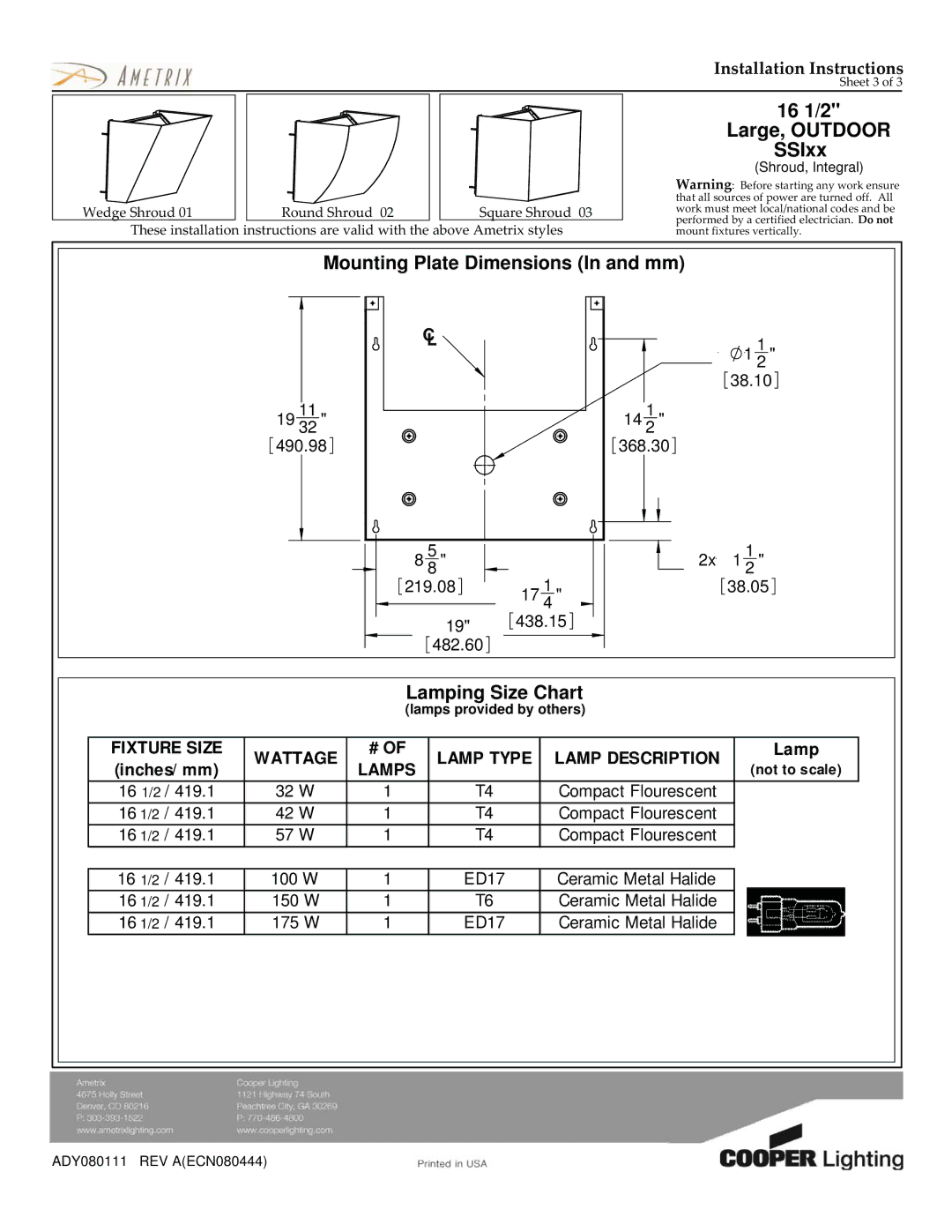 Cooper Lighting 340 dimensions Mounting Plate Dimensions In and mm, Lamping Size Chart, Lamps 