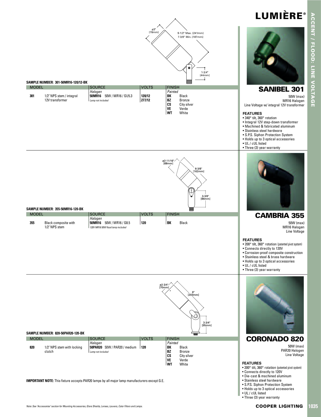 Cooper Lighting 820, 355 warranty Lumiere`, Sanibel, Cambria, Coronado, Accent / Flood Line Voltage 