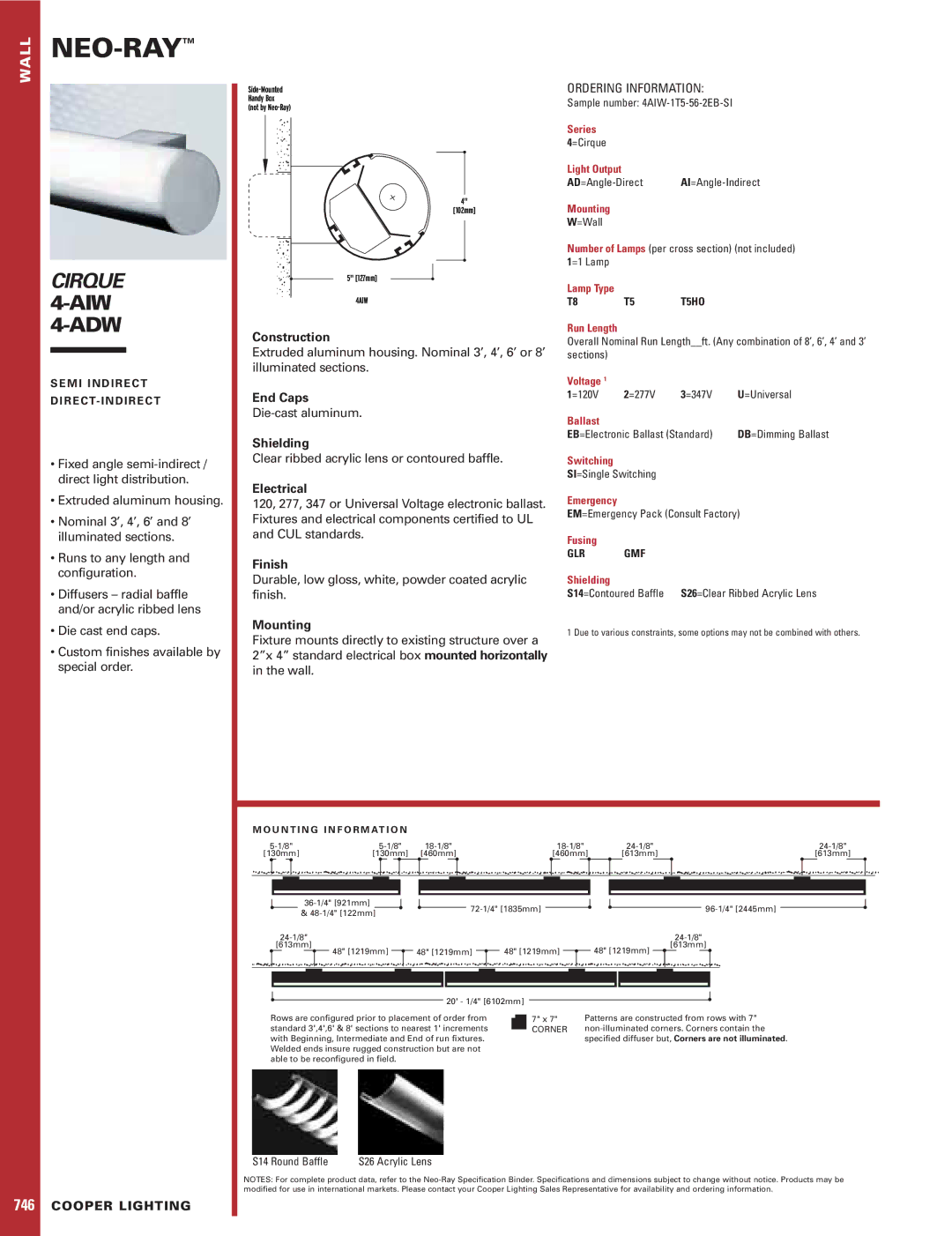 Cooper Lighting 4-ADW, 4-AIW specifications Construction, End Caps, Shielding, Electrical, Finish, Mounting 