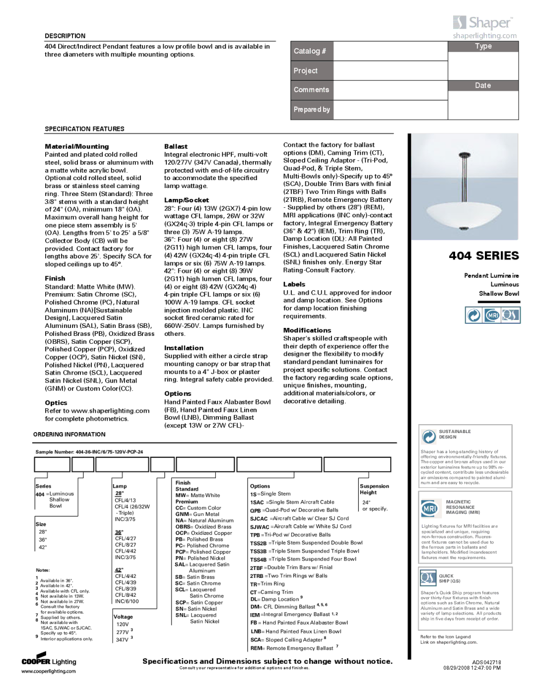 Cooper Lighting 404 specifications Series 