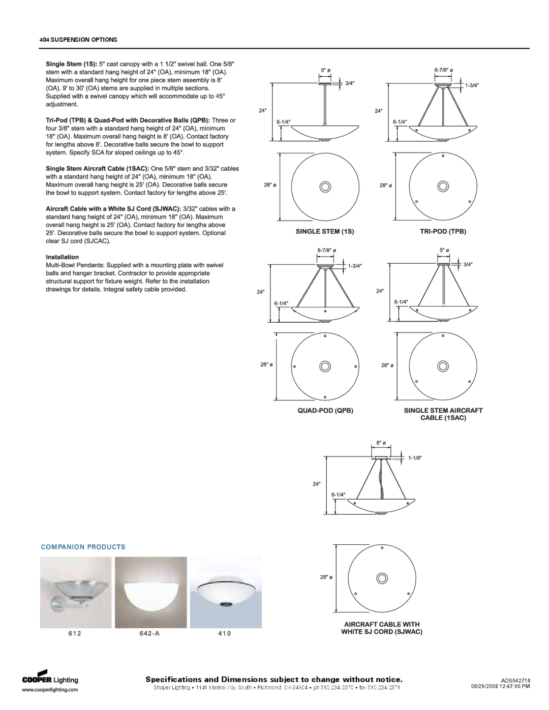Cooper Lighting 404 specifications Companion Products 