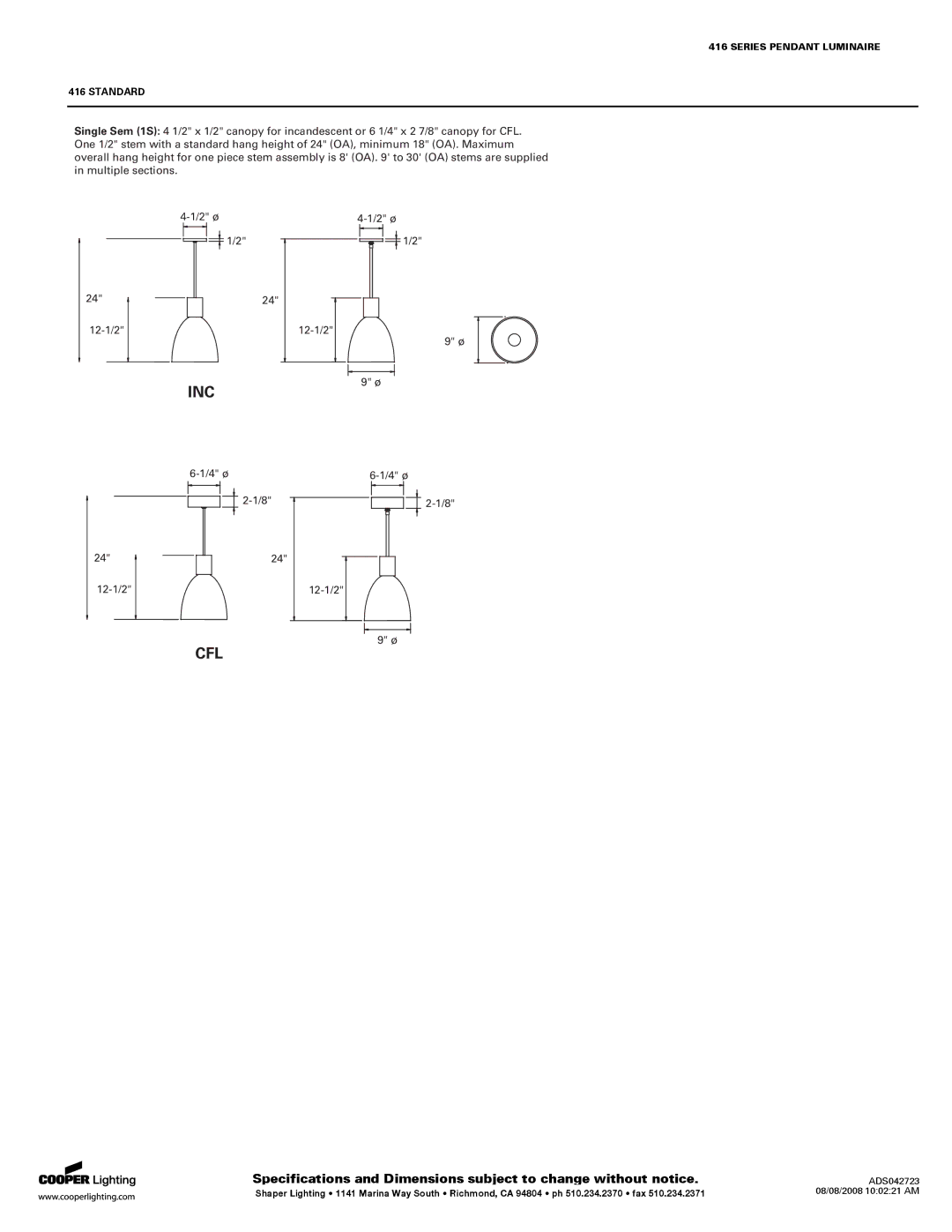 Cooper Lighting 416 SERIES specifications Cfl, Standard 