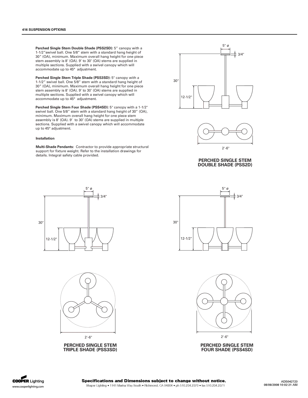 Cooper Lighting 416 SERIES specifications Perched Single Stem Triple Shade PSS3SD Four Shade PSS4SD, Suspension Options 