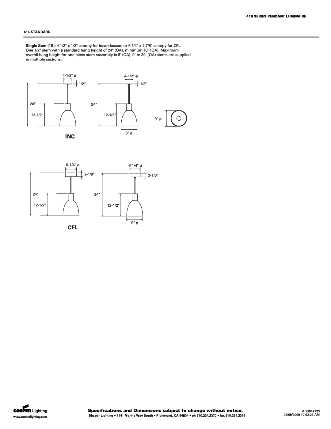 Cooper Lighting 416 SERIES specifications Standard 