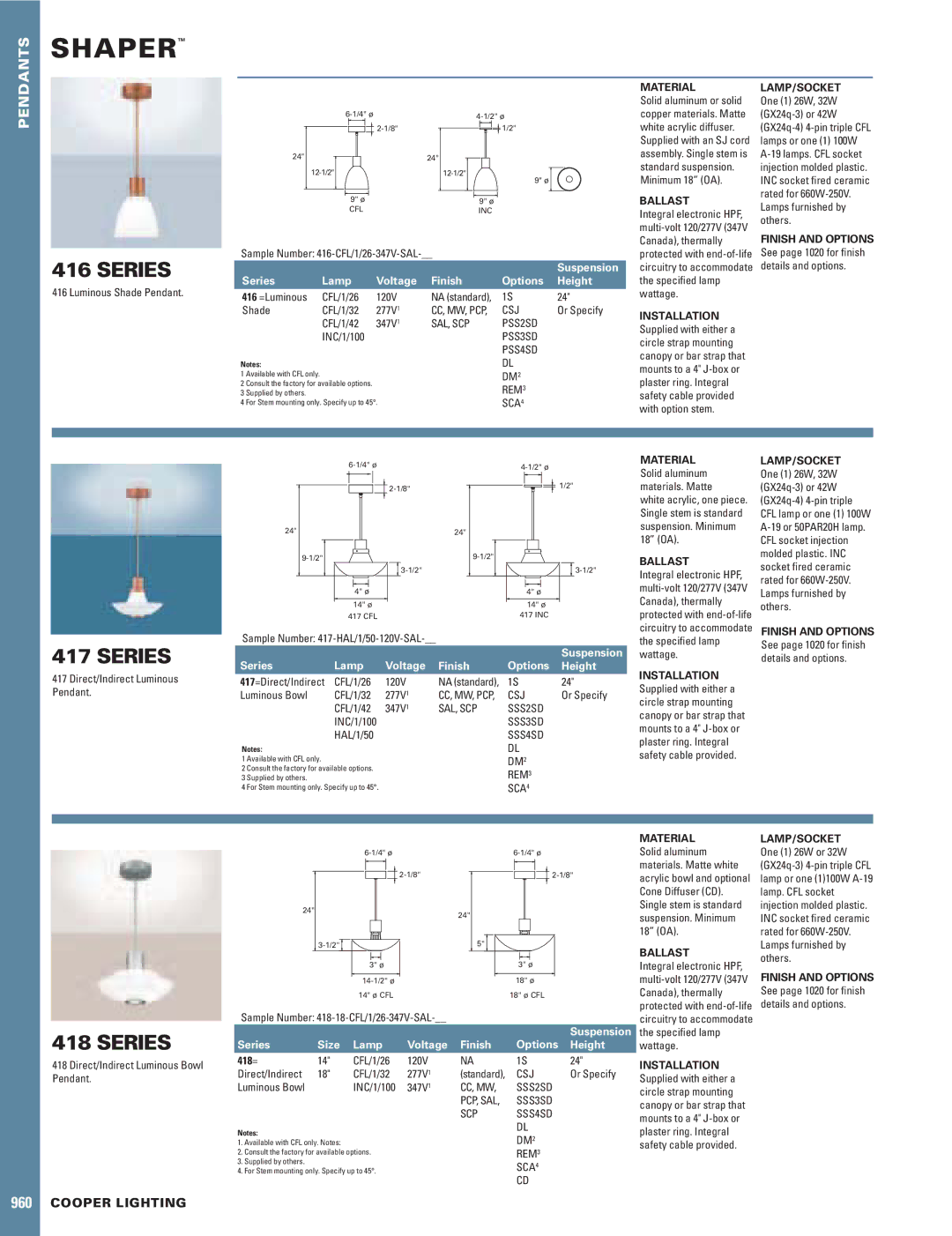 Cooper Lighting 417SERIES, 418 SERIES manual Material, Ballast, Lamp/Socket, Finish and Options 