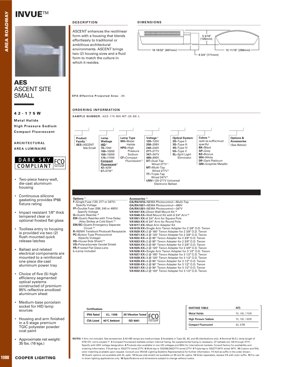 Cooper Lighting 42 - 175W dimensions AES Ascent Site Small, 1 7 5 W 