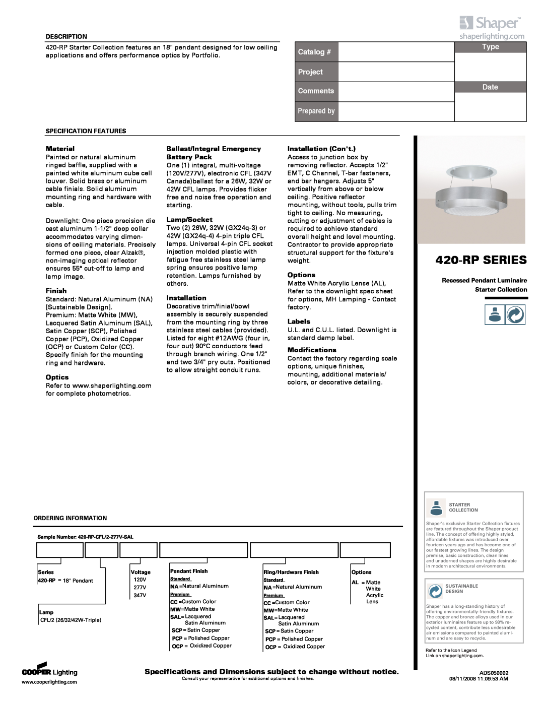 Cooper Lighting 420-RP SERIES specifications Rpseries, Catalog #, Project Comments, Prepared by, Type, Date 