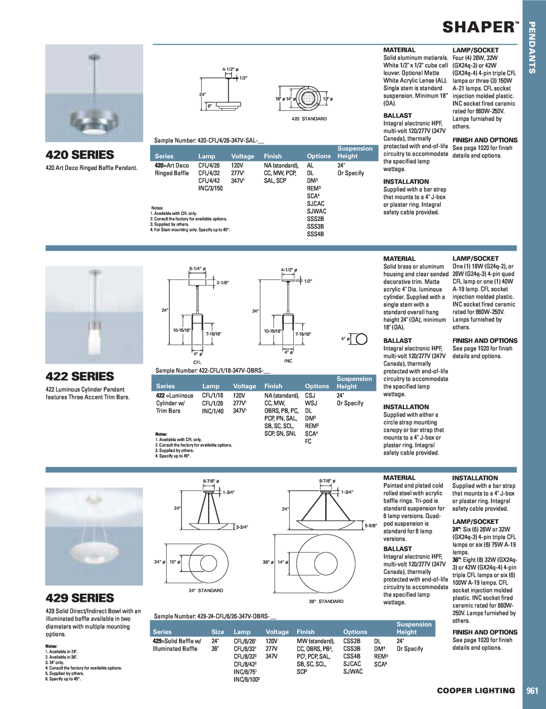 Cooper Lighting 422, 429 manual Shaper, Series, Cooper Lighting, Material, Ballast, Installation, Lamp/Socket 